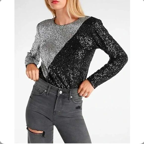 Sz XS NWT $148 MSRP Express Color Block Sequin Strong Shoulder Bodysuit - Picture 1 of 14